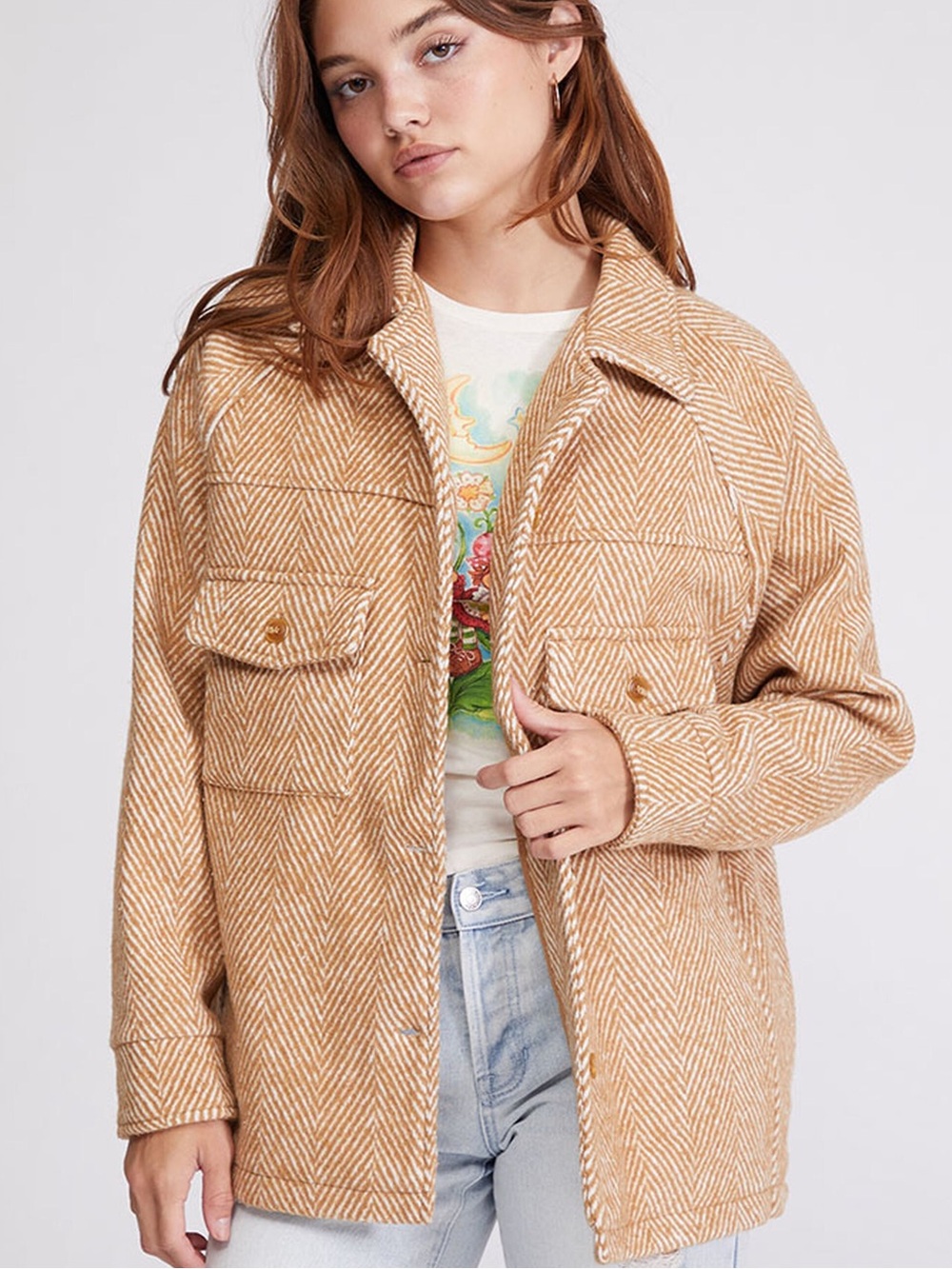 Rhythm Tan Herringbone Shacket Jacket
